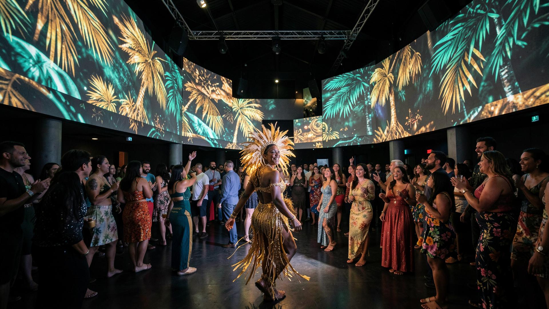 A performer in gold feathers inside the immersive Carnival environment